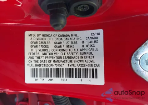 2019 Honda Civic Si из США, поврежденный, VIN 2HGFC1E50KH701567